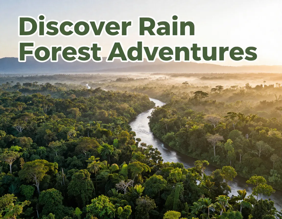 Aerial green canopy silver river misty mountain golden dawn light