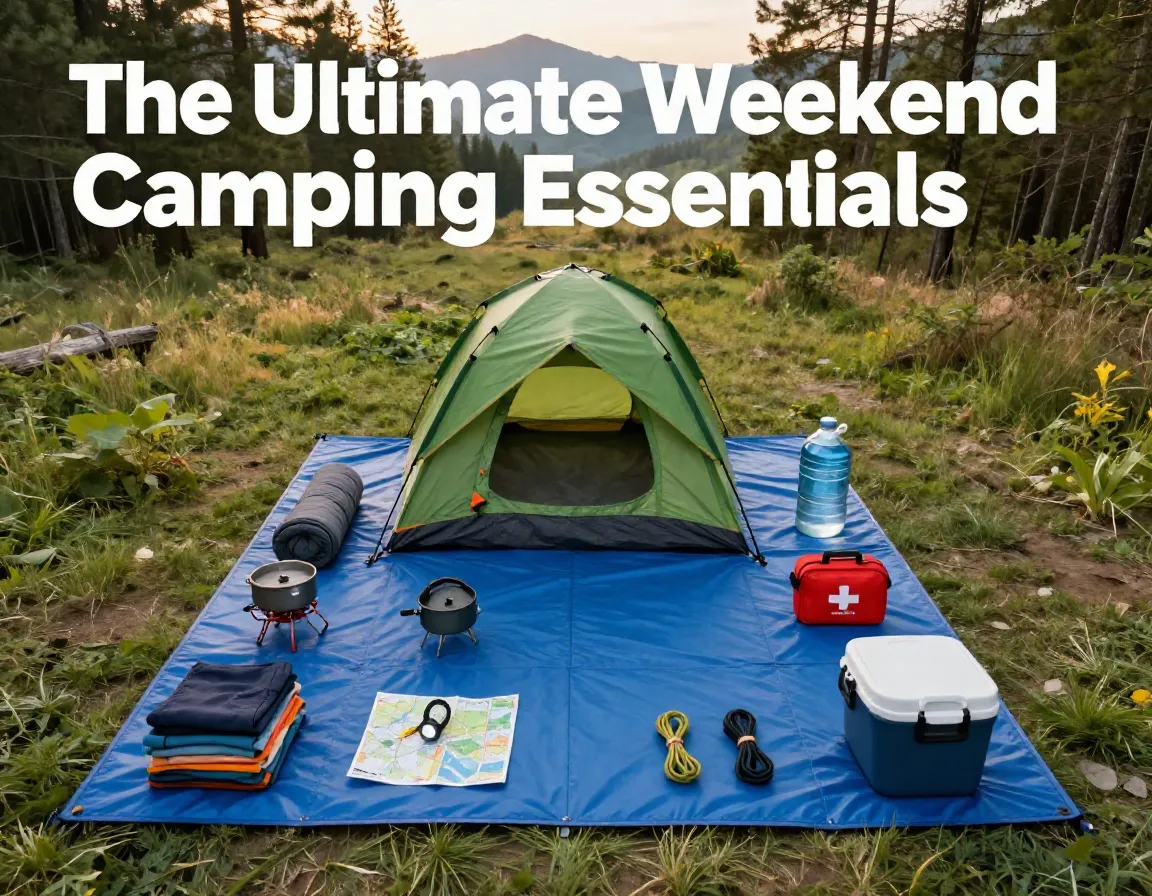 Campsite aerial organized gear essentials tent stove sleeping bag