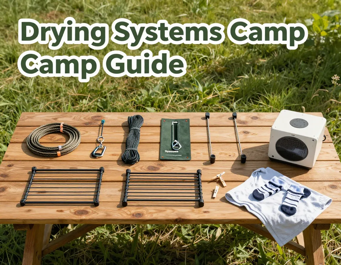 Flat lay eight drying systems picnic table campsite sunlight