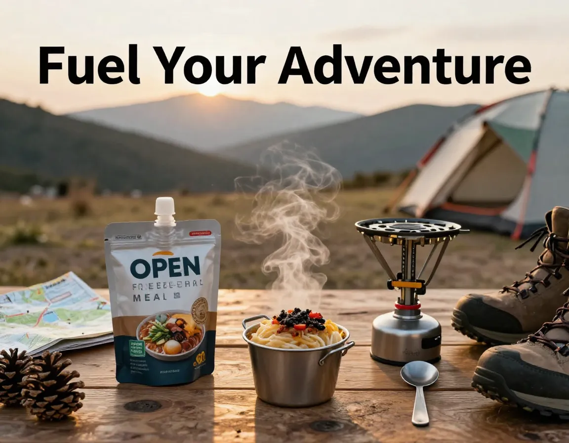 Freeze dried meal steam campsite flat lay stove gear ready