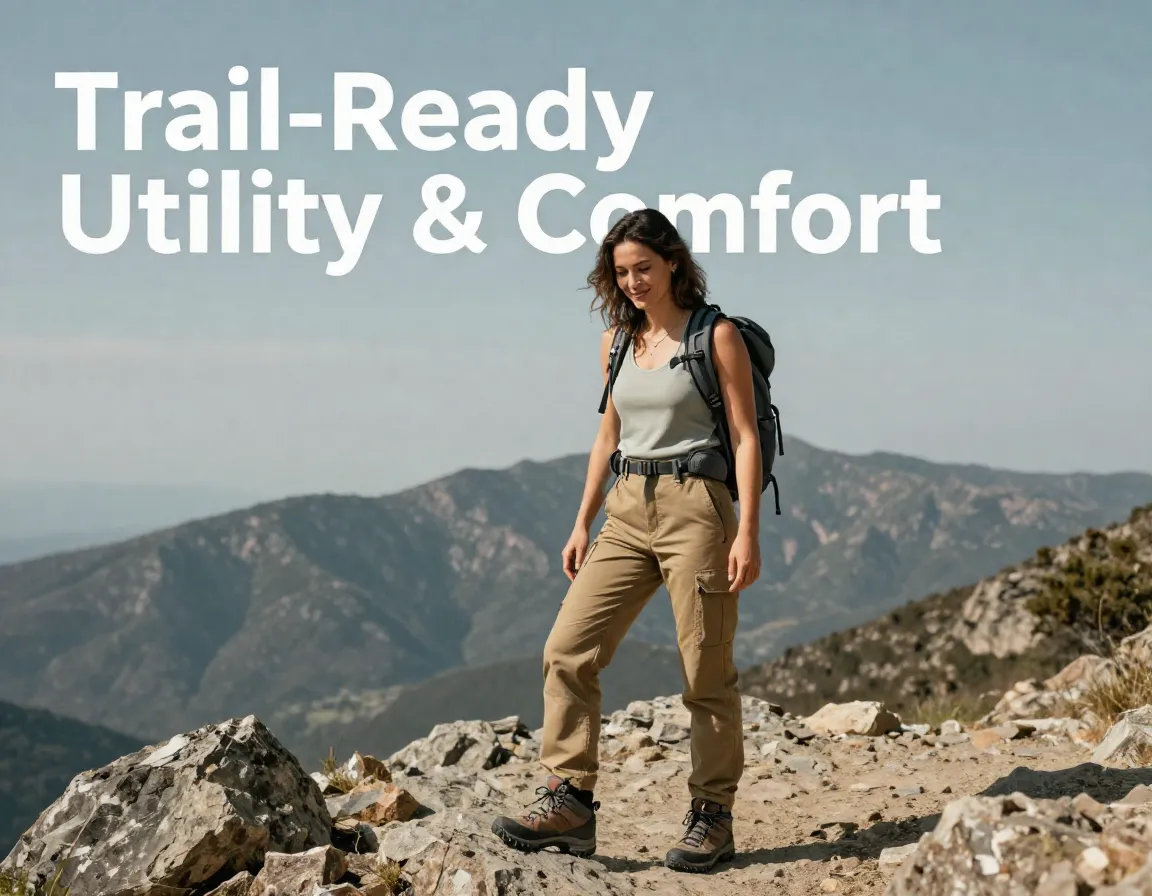 Hiking woman cargo pants trail scenic backdrop