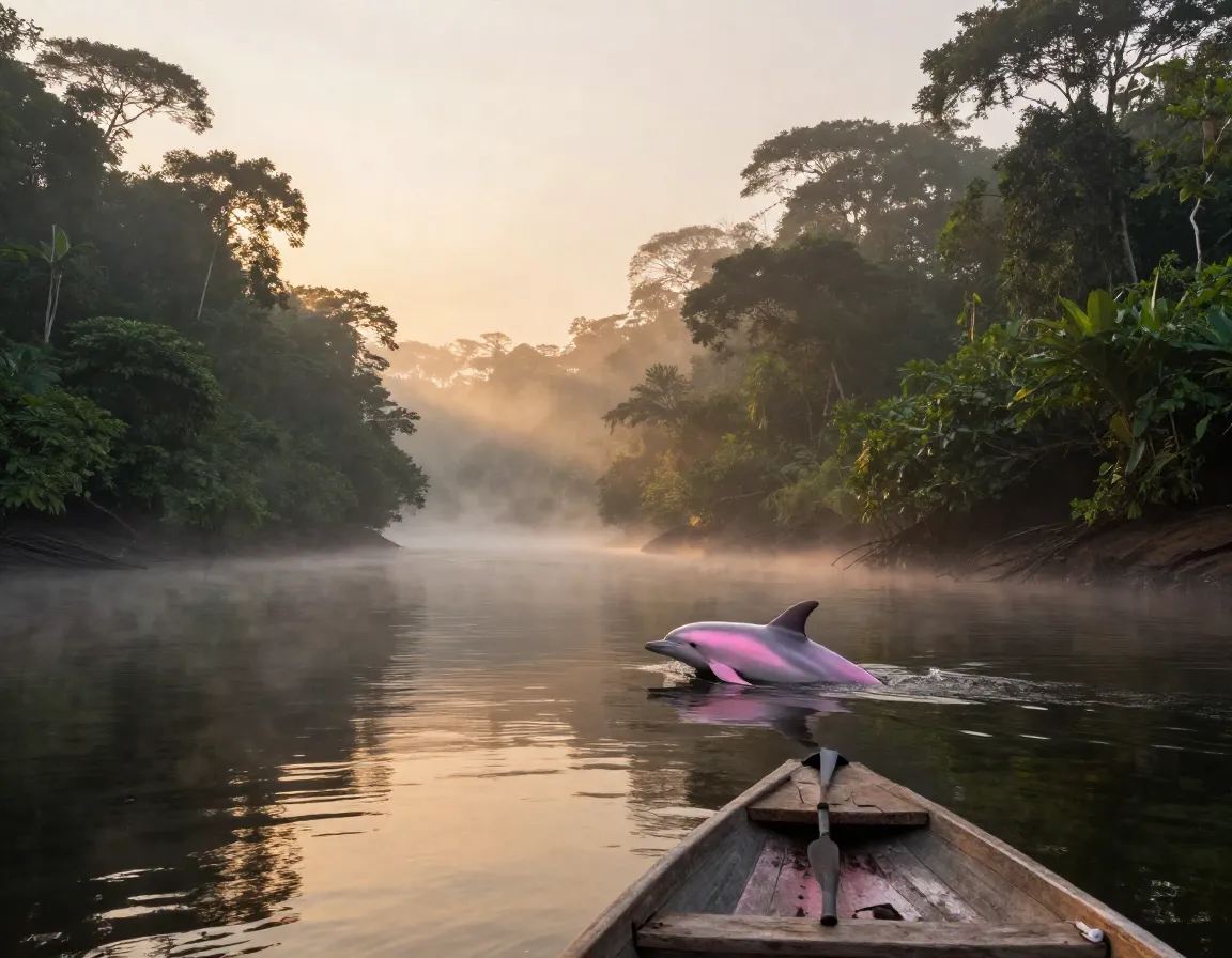 Golden dawn mist over the amazon river with pink dolphins