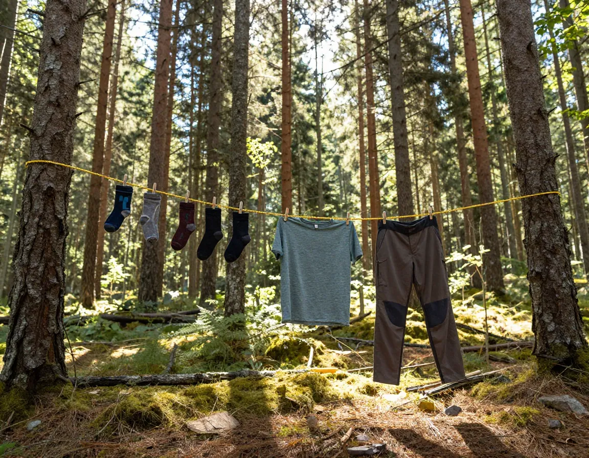Simple braided nylon rope clothesline tied between two tall pine trees