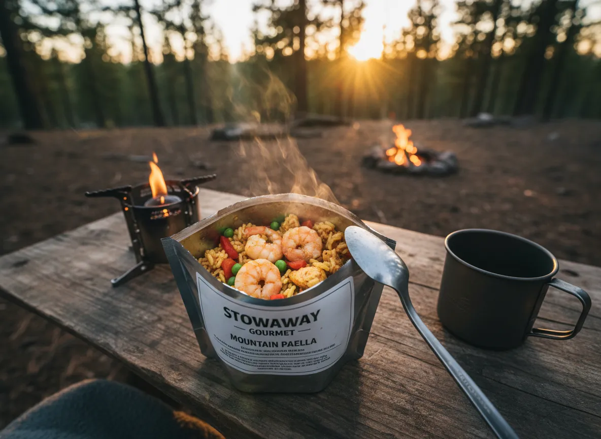 Stowaway gourmet restaurant quality freeze dried meal on a camp table