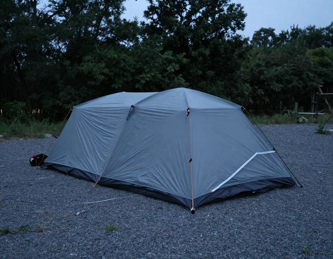 Sturdy three person tent with rainfly on gravel campsite at dusk