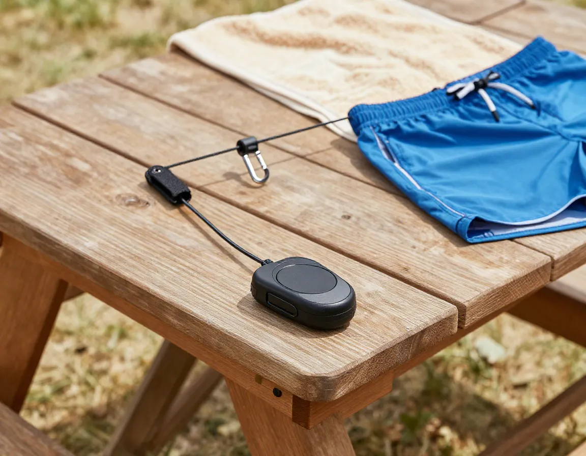 Compact retractable clothesline secured on a wooden picnic table