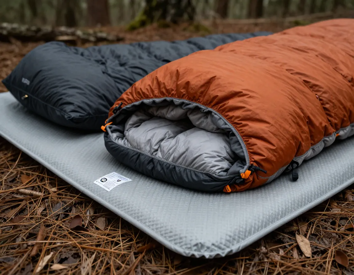 High r value sleeping pad and warm rated sleeping bag on forest floor