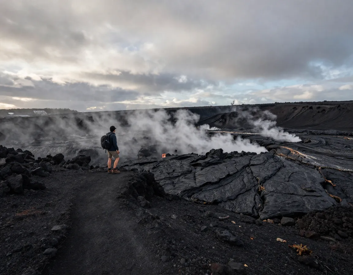Hiker on black lava field at hawaii volcanoes national park caldera rim