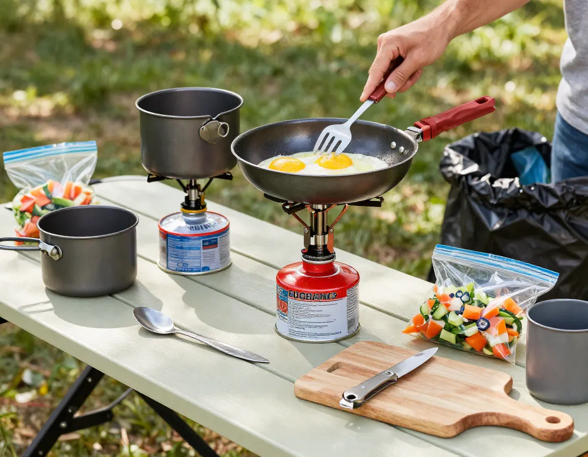 Camp stove frying eggs with pot and utensils on picnic table