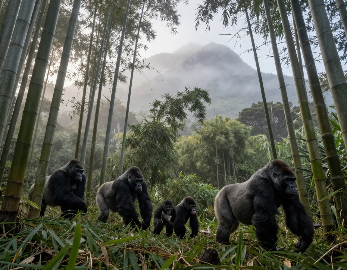 Mountain gorilla family moving through bamboo forest at dawn