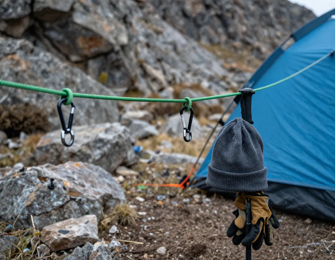 Paracord clothesline with carabiners attached to a tent and trekking pole
