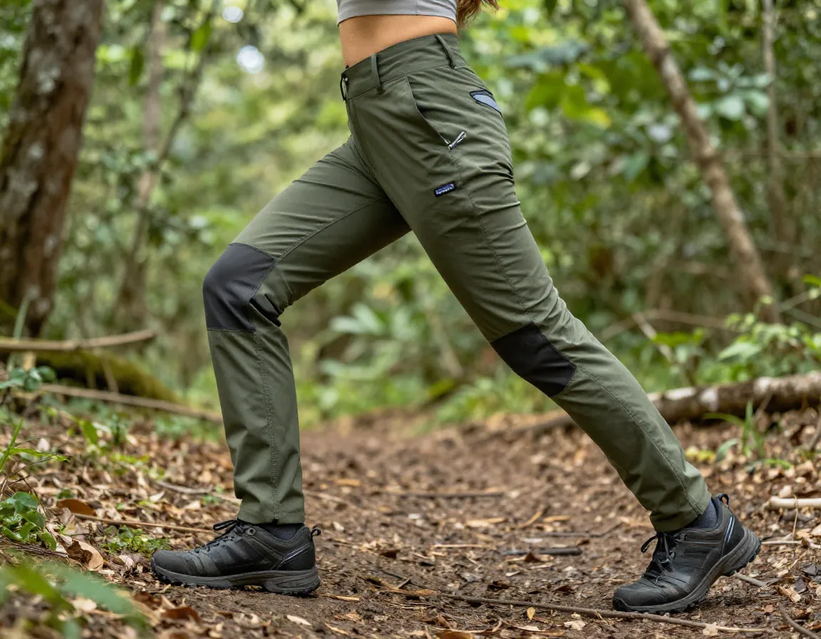 Patagonia quandary pants eco conscious hiker stretching on forest trail