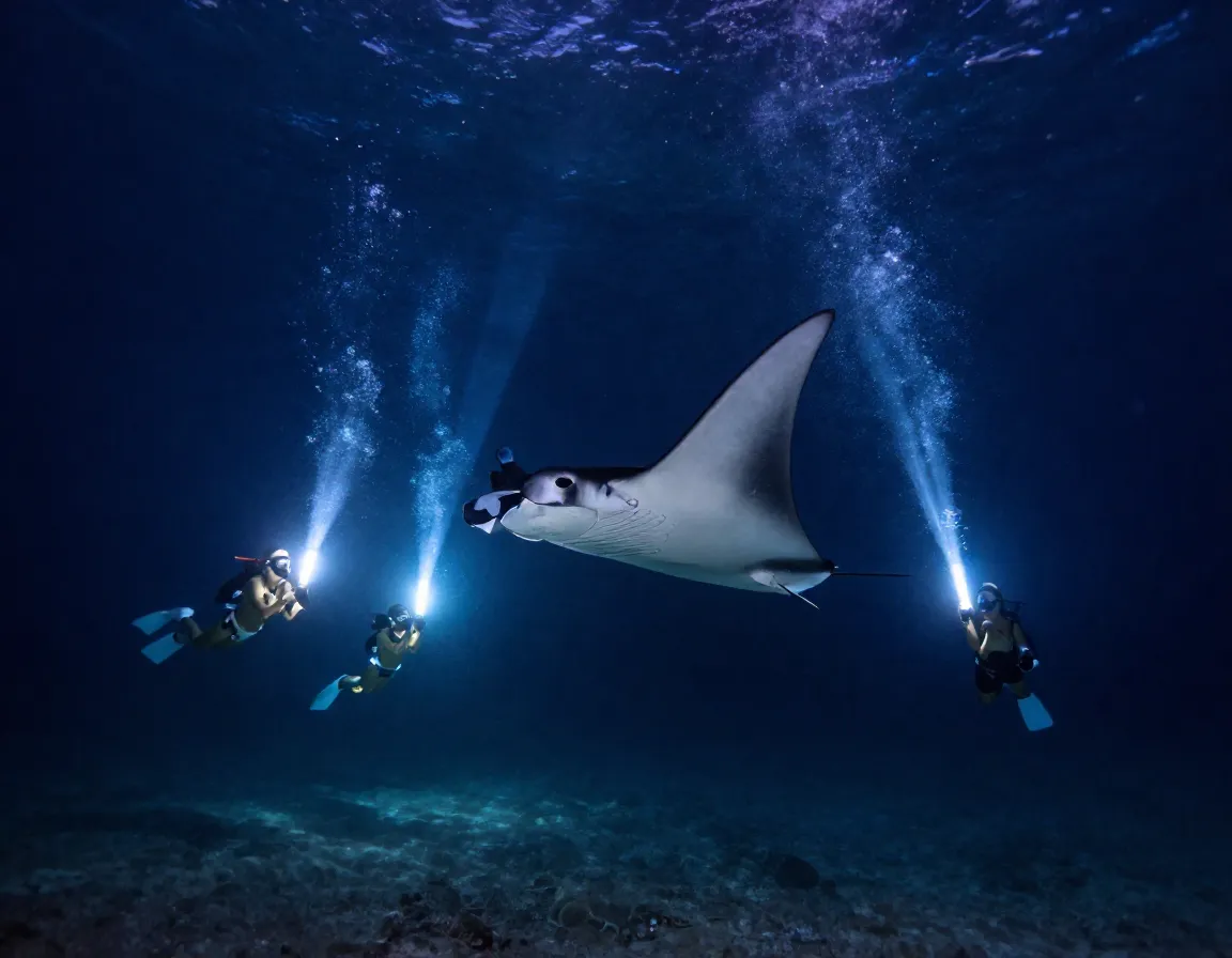 Snorkelers at night watching a giant manta ray underwater ballet