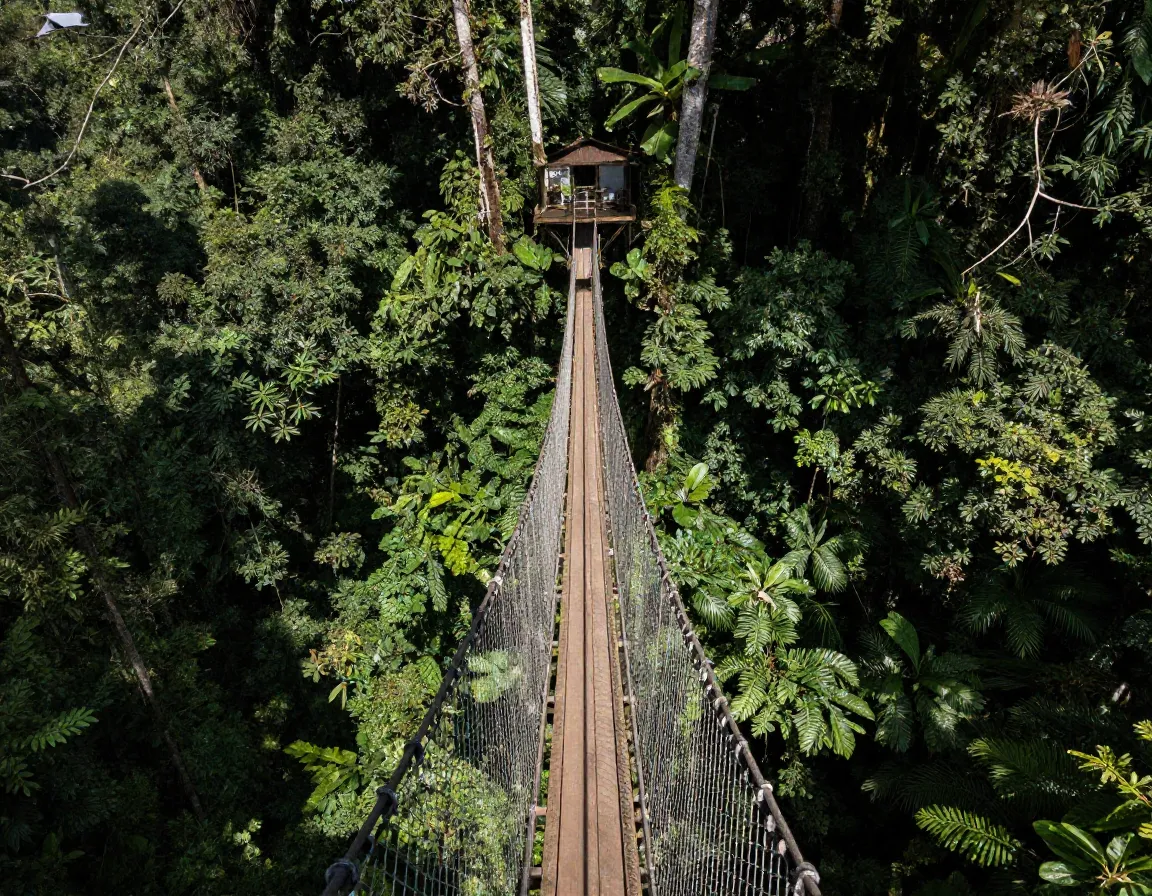 Aerial view from canopy walkway over ancient african rainforest