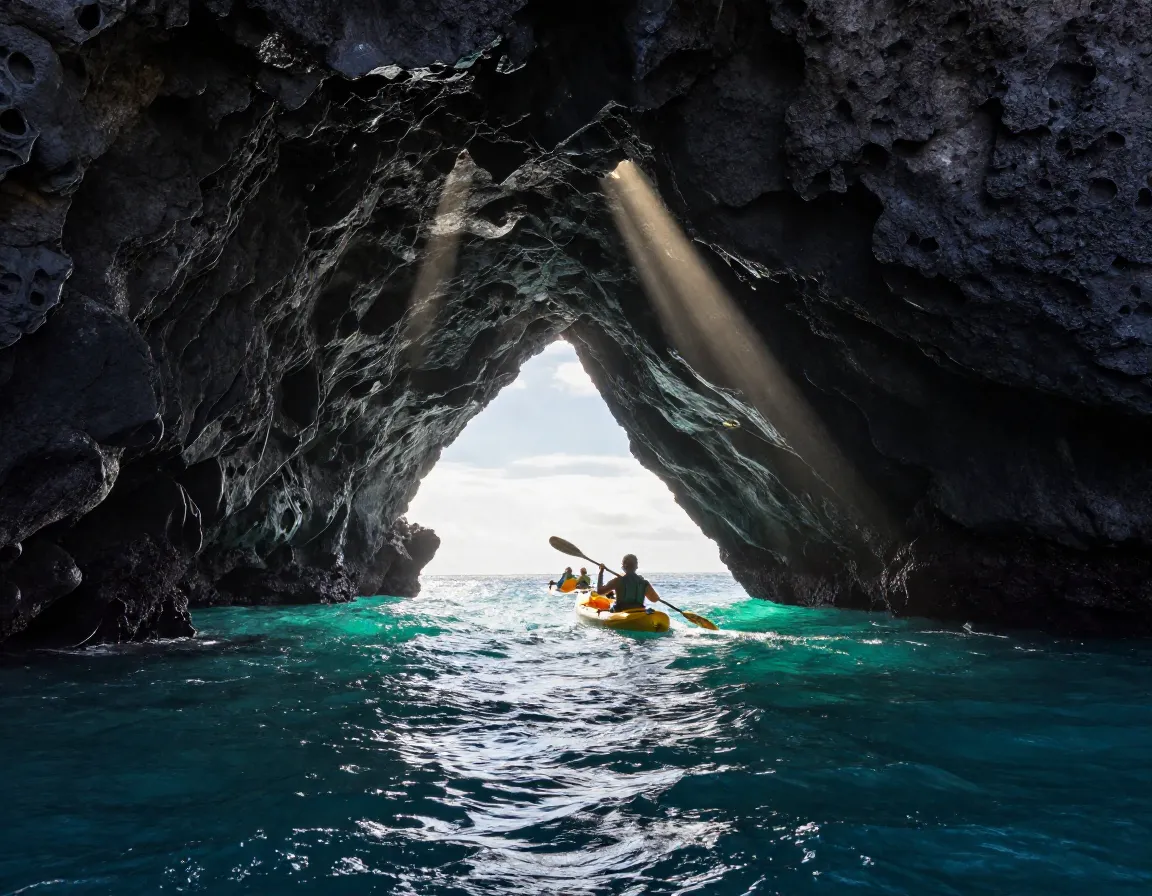 Kayaker paddling through a sunlit lava tube sea cave arch