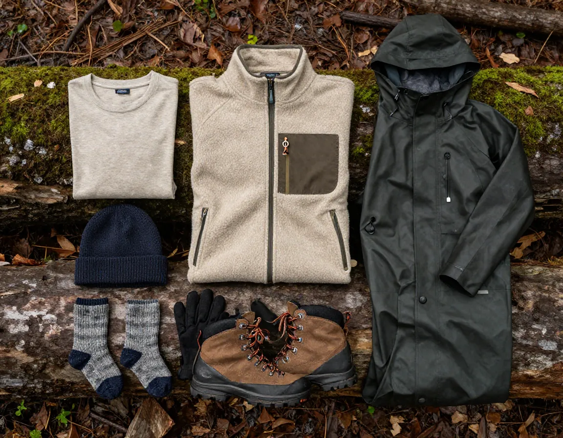 Merino wool base layer fleece jacket and rain shell on log