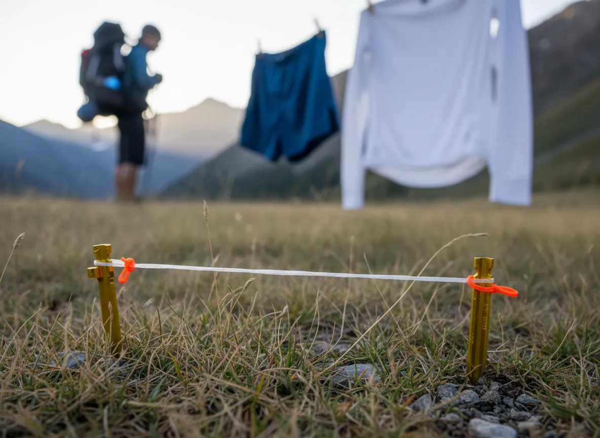 Ultralight dyneema cord clothesline stretched between tent stakes