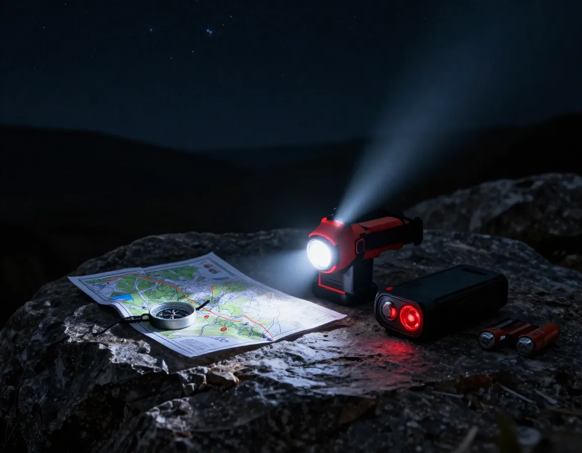 Headlamp with red light mode and map compass on rock at night