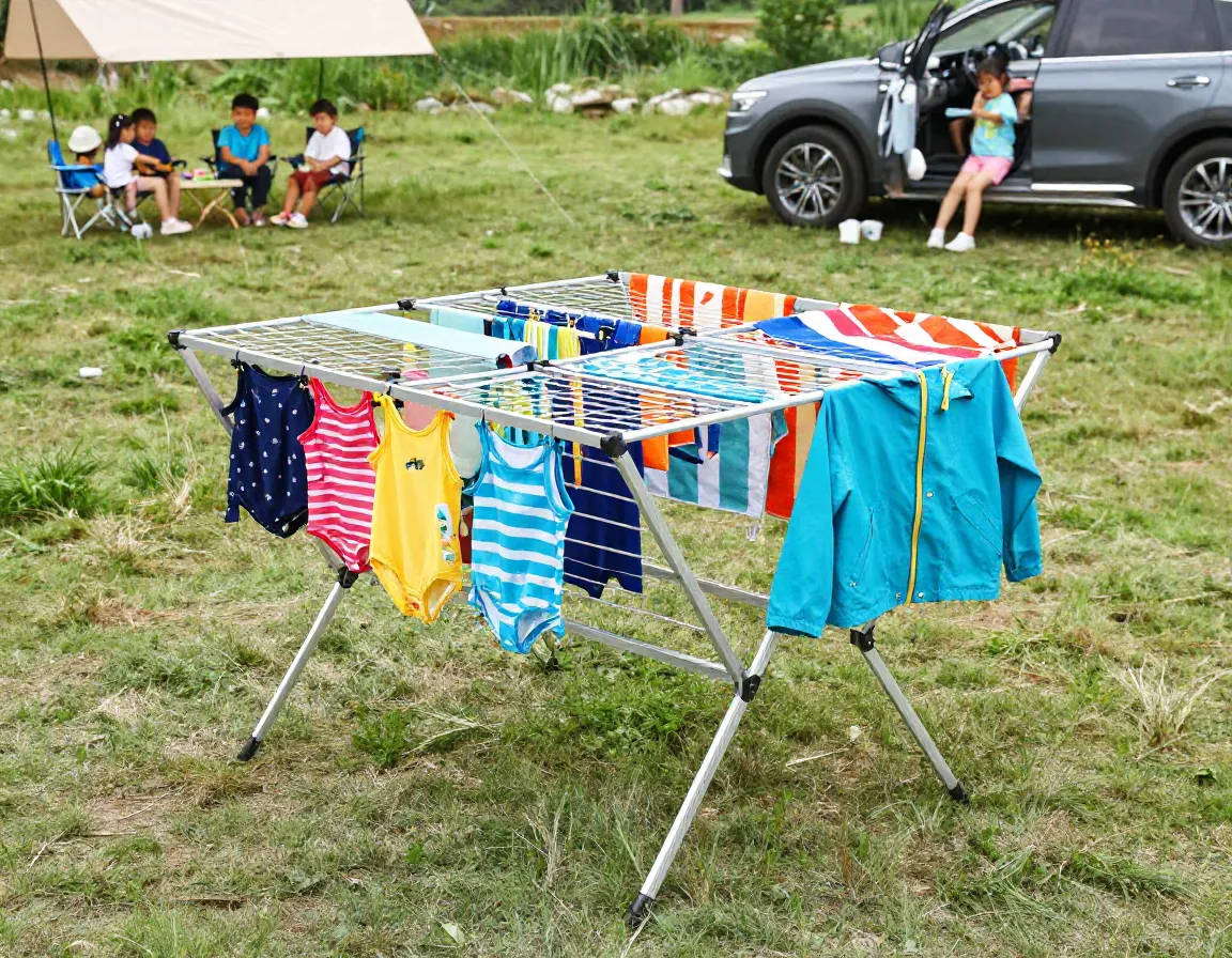 Large collapsible aluminum drying rack at a family car campsite