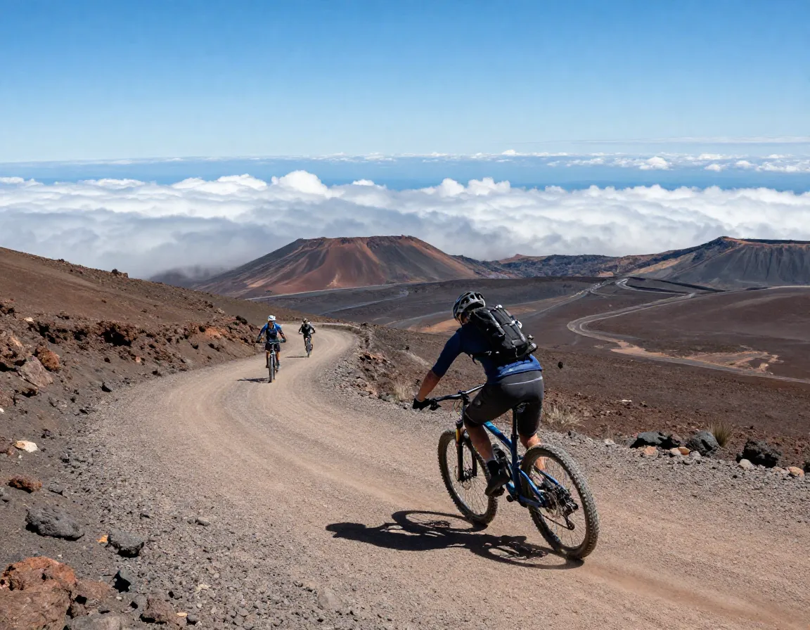 Mountain biker descending gravel road on mauna kea with cloud views