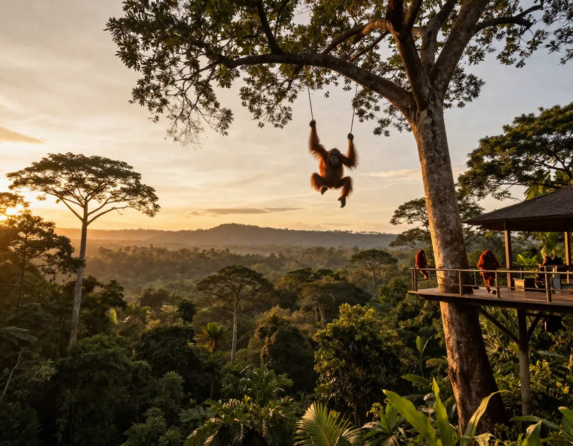 Orangutan swinging through ancient dipterocarp tree canopy at sunset