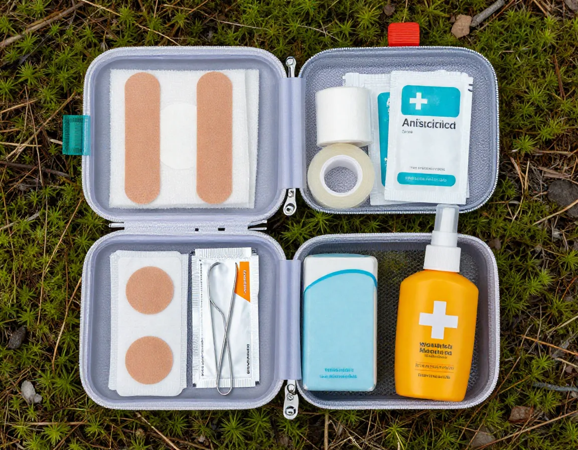First aid kit with bandages and supplies on mossy ground