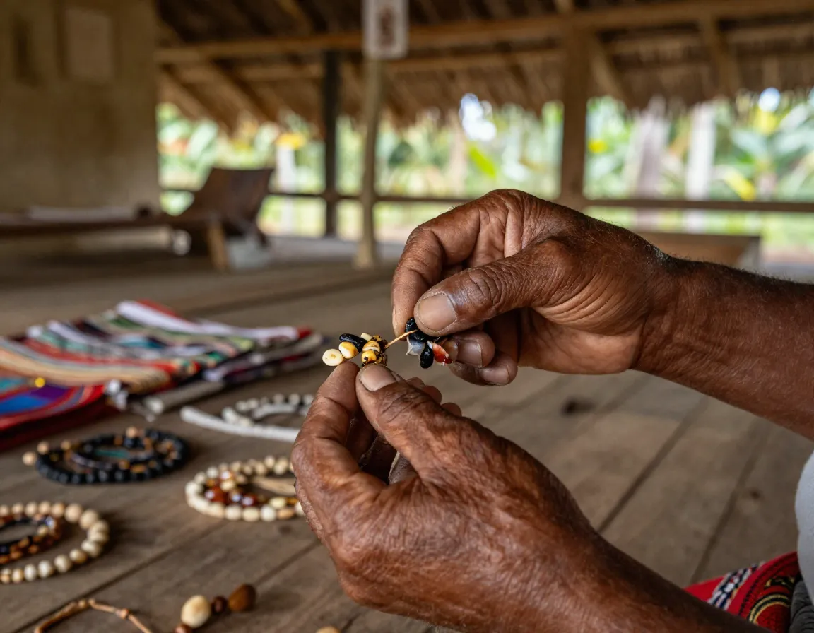 Indigenous artisan shaping seed jewelry in an open air longhouse