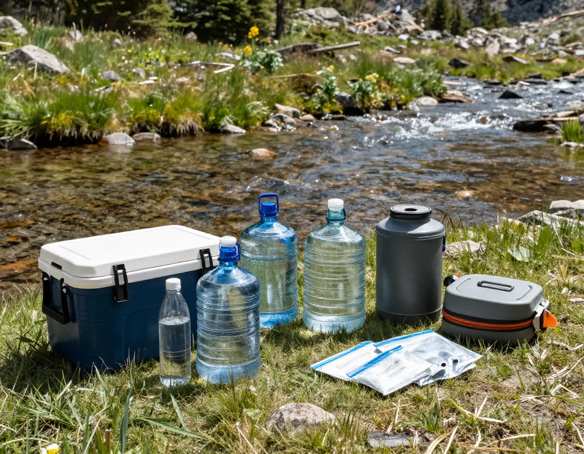 Cooler water jugs and bear canister next to stream