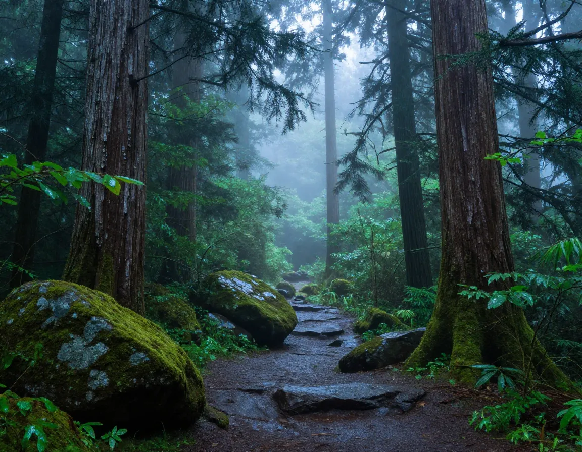 Misty hemlock forest on great smoky mountains trail after rain
