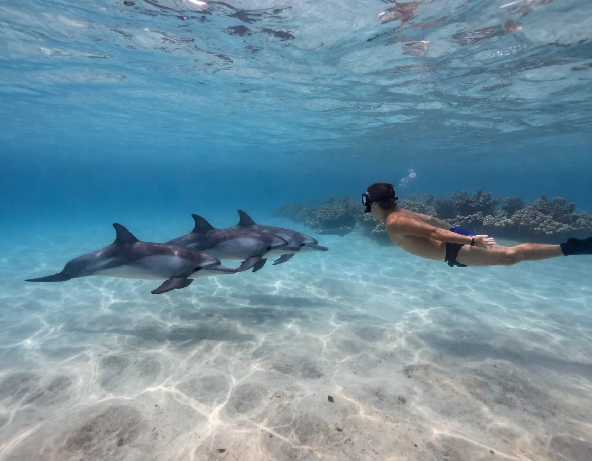 Snorkeler observing spinner dolphins in the clear bay morning light