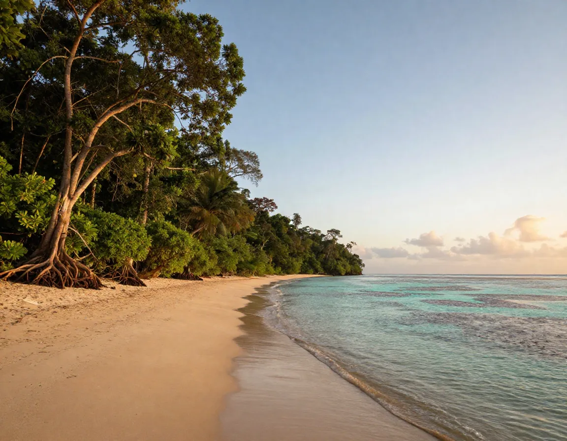 Ancient daintree rainforest meeting great barrier reef at dawn