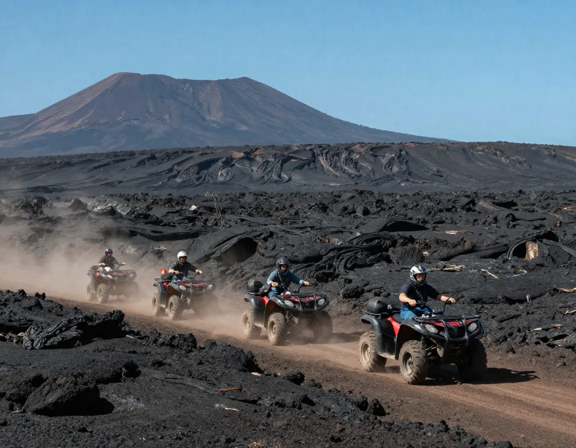 Atv convoy driving across a vast black lava field landscape