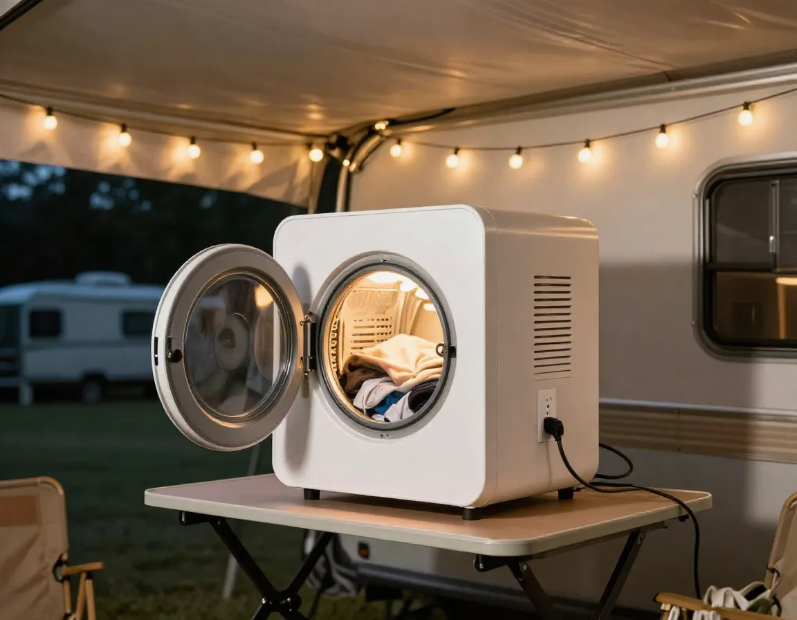 Small portable electric dryer on a table inside an rv awning