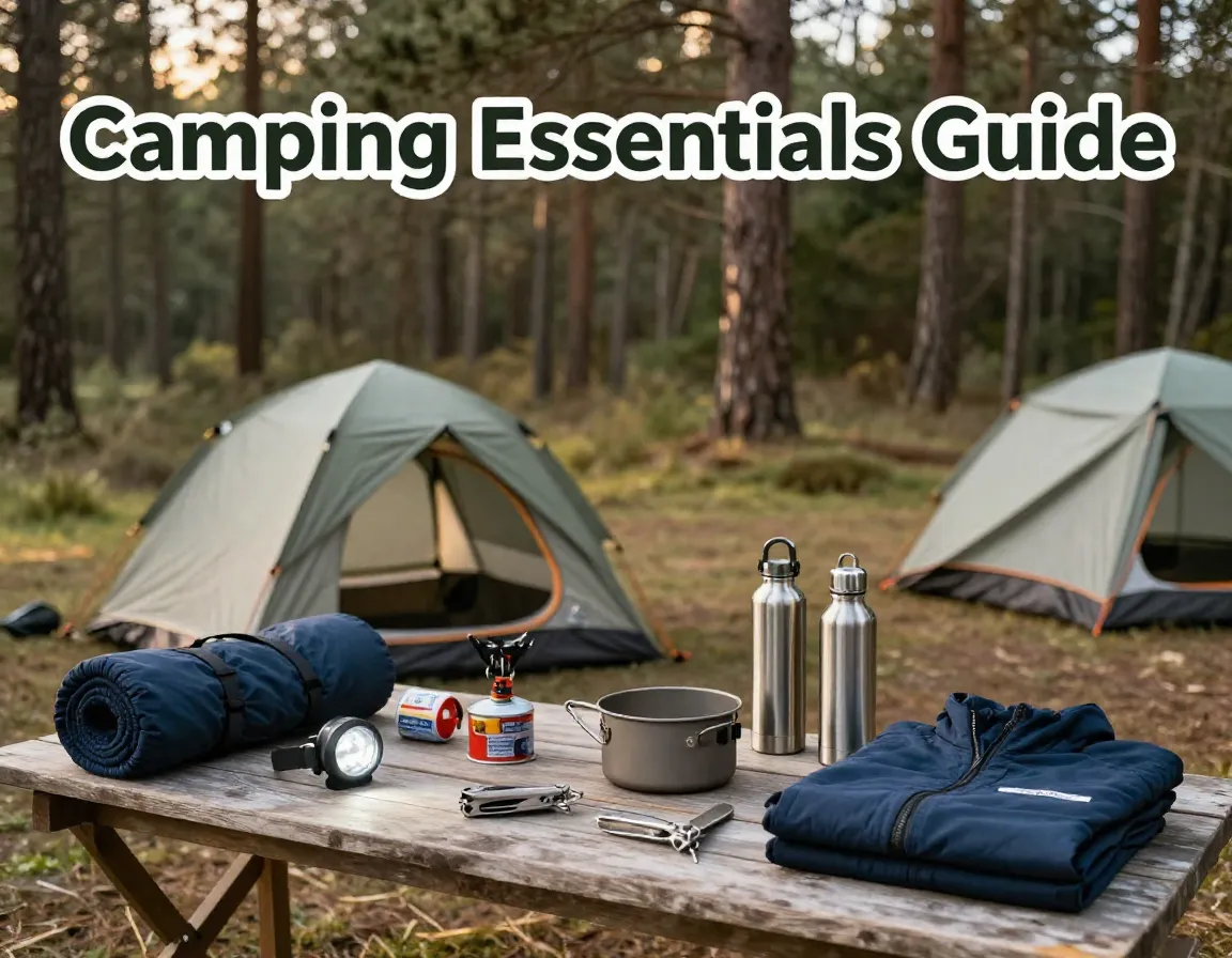 Tent headlamp stove bottle multitool gear arranged campsite table