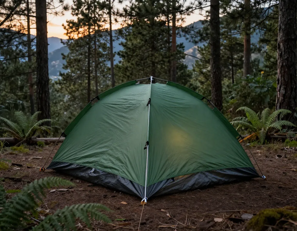 Green two person dome tent set up in mountain forest at dusk