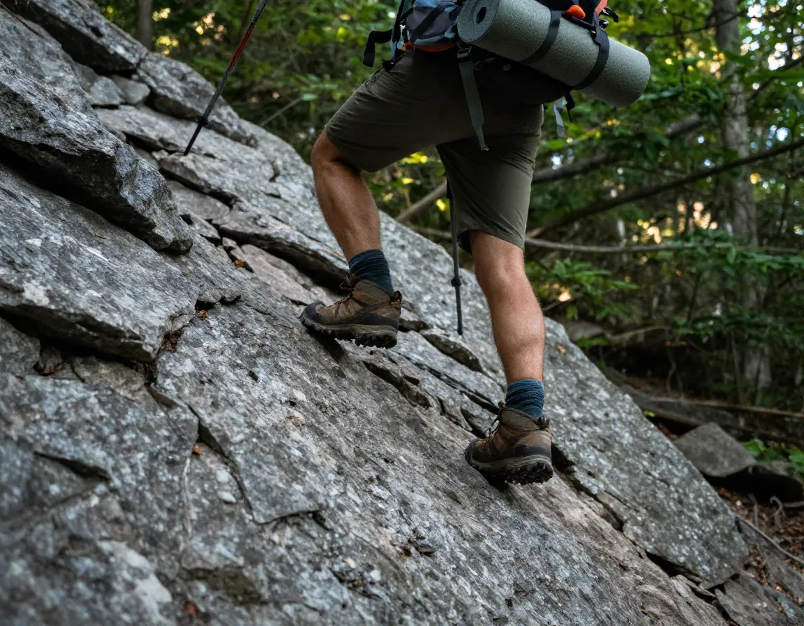 Backpacker navigating steep rocky descent on devils path trail