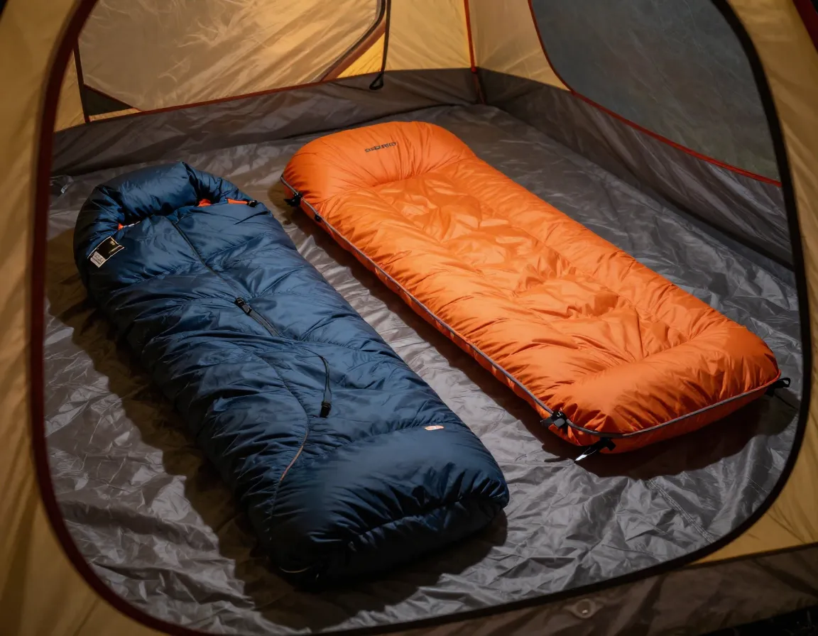 Inflatable sleeping pad and mummy bag on tent floor ready for sleep