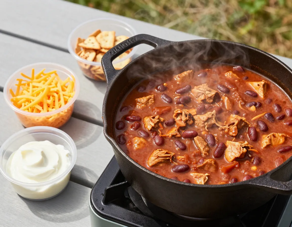 Reheated make ahead chicken chili in pot at campsite with toppings