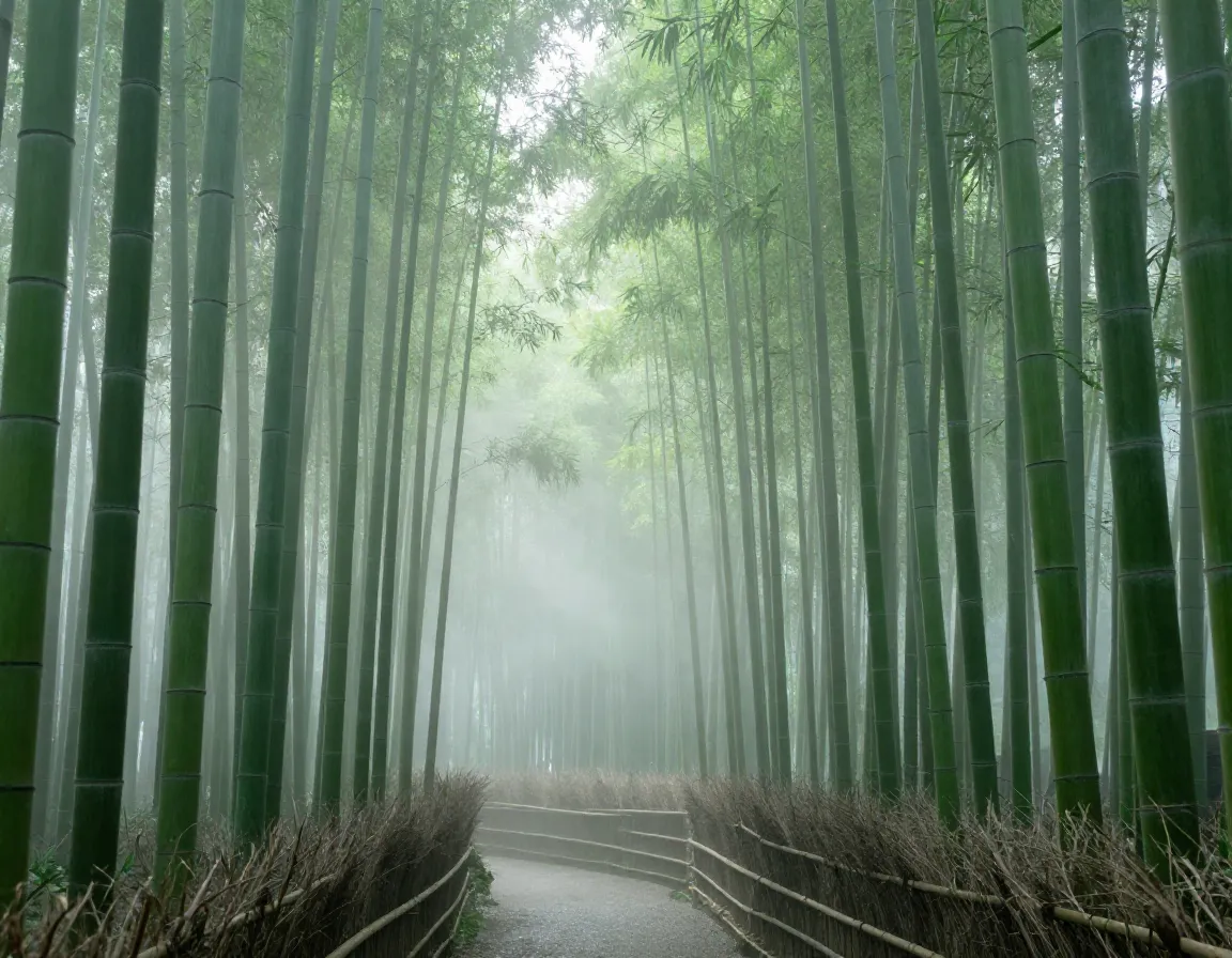 Sunlight filtering through dense misty japanese bamboo forest