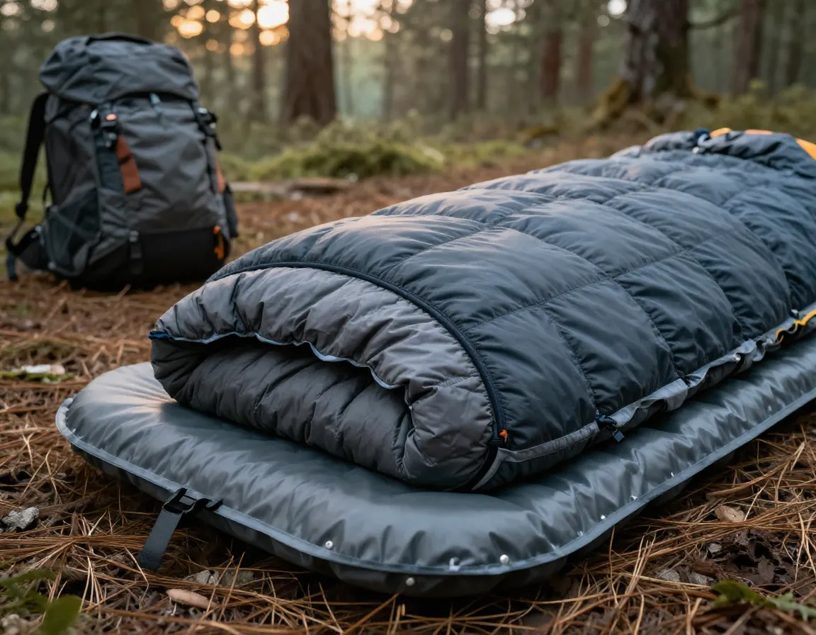 Temperature rated sleeping bag on sleeping pad in pine forest
