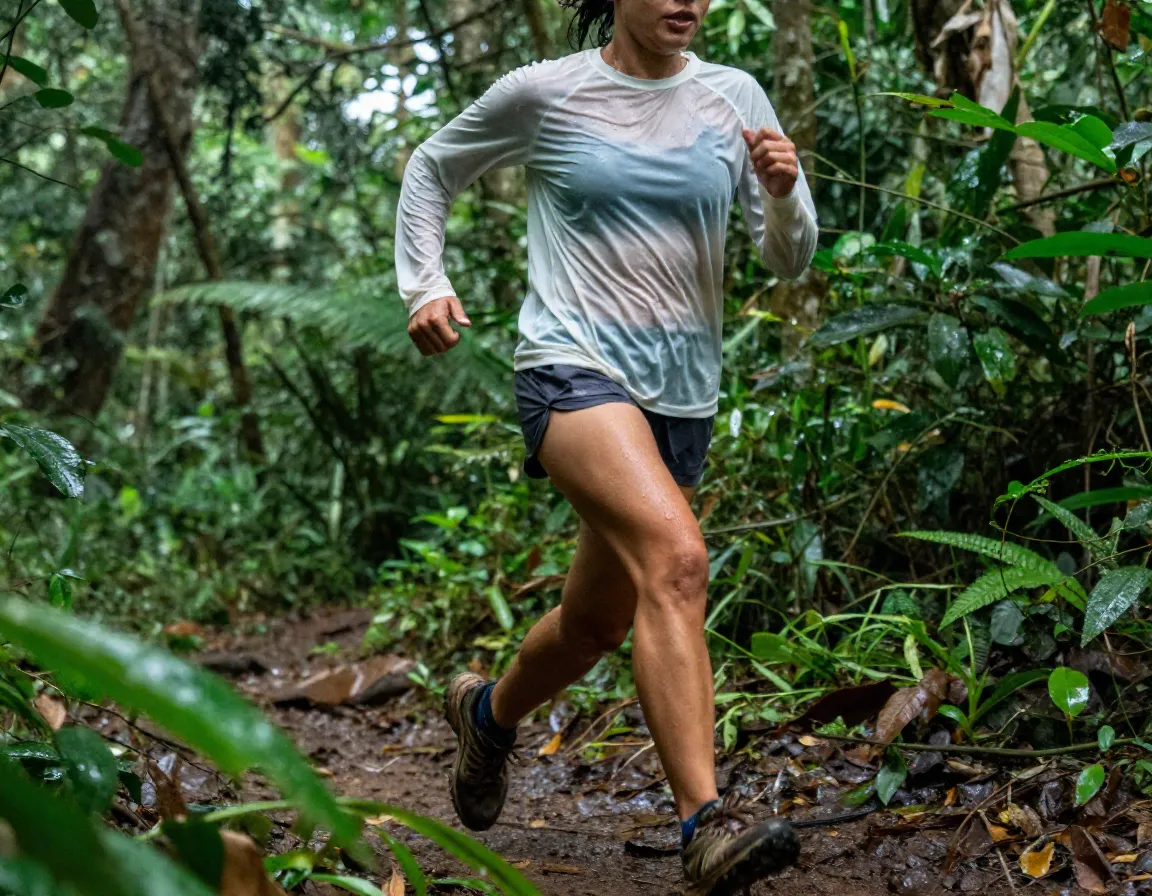 A hiker running up a humid jungle trail in a lightweight polyester sun shirt