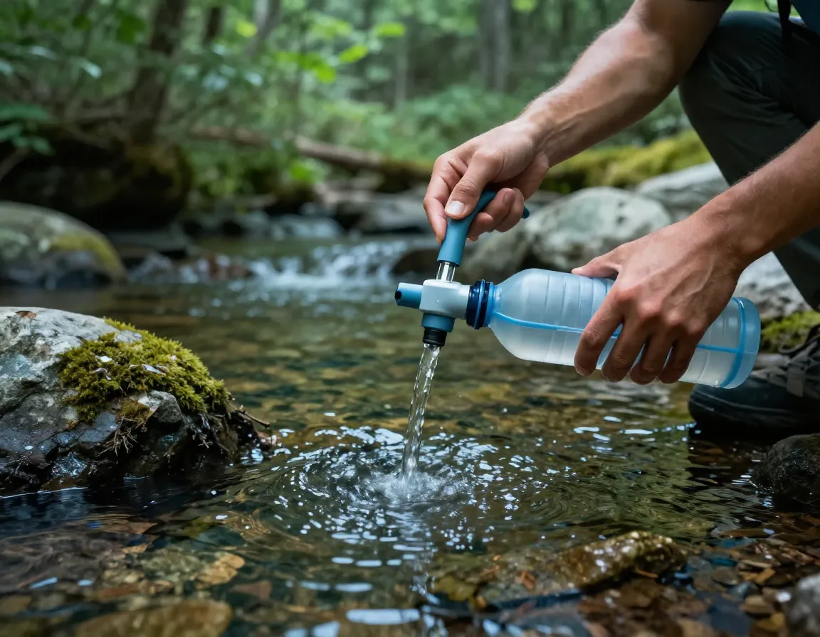 Backpacker filtering water at a remote catskills forest stream
