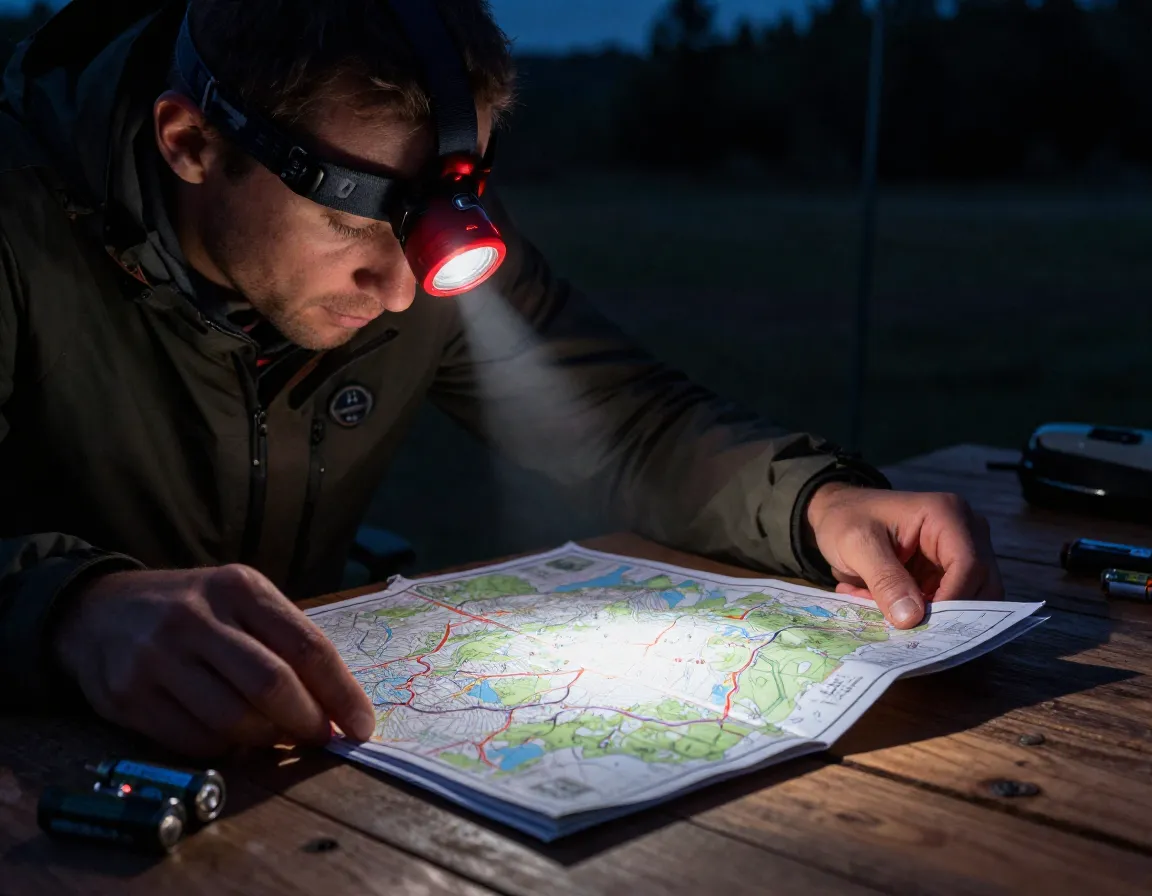 Headlamp with red light mode illuminating a map at a campsite table