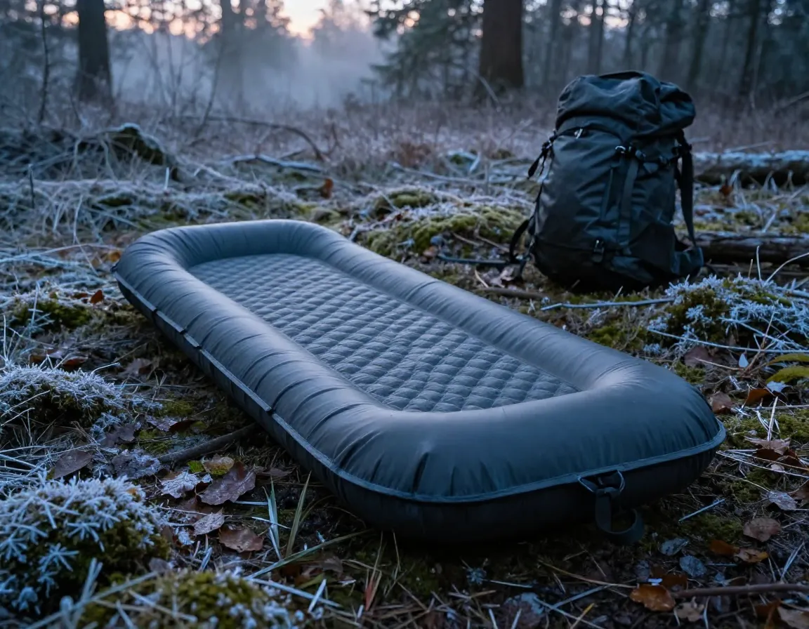 Inflatable sleeping pad on cold forest floor at dawn