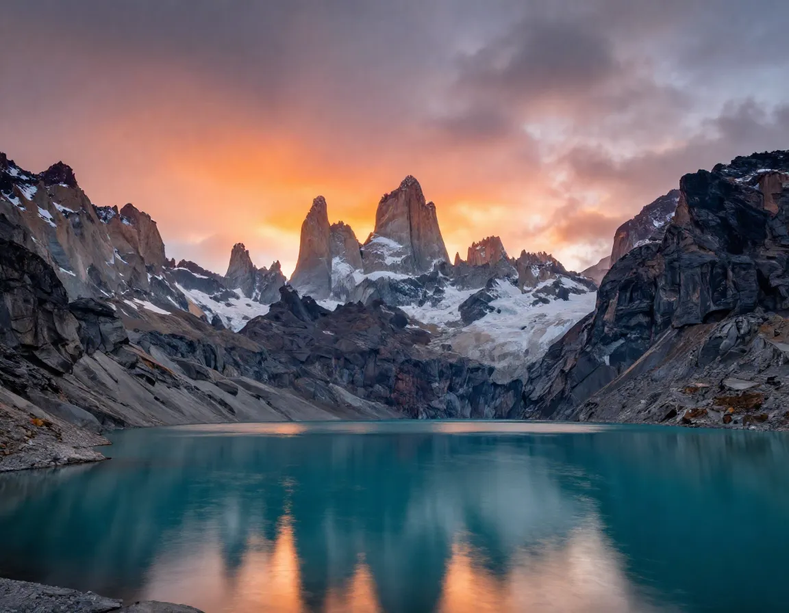 Jagged patagonian mountain peaks reflecting turquoise lake sunrise