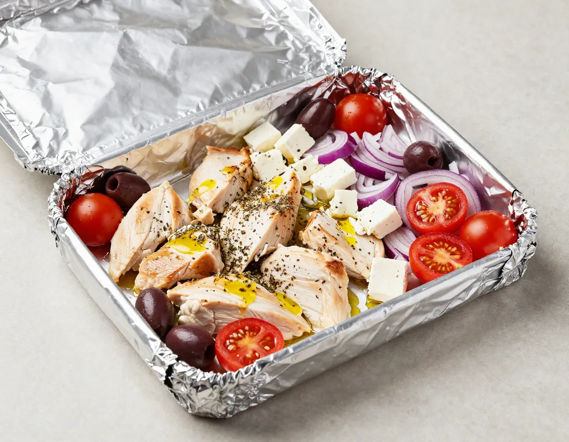 Mediterranean chicken and vegetables sealed in heavy duty foil packet