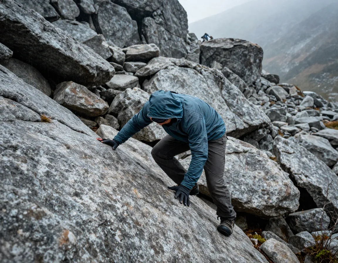 A hiker scrambling over granite boulders wearing a durable nylon hiking shirt