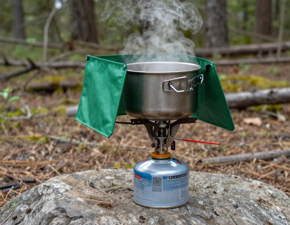 Compact canister camp stove boiling water in a forest clearing