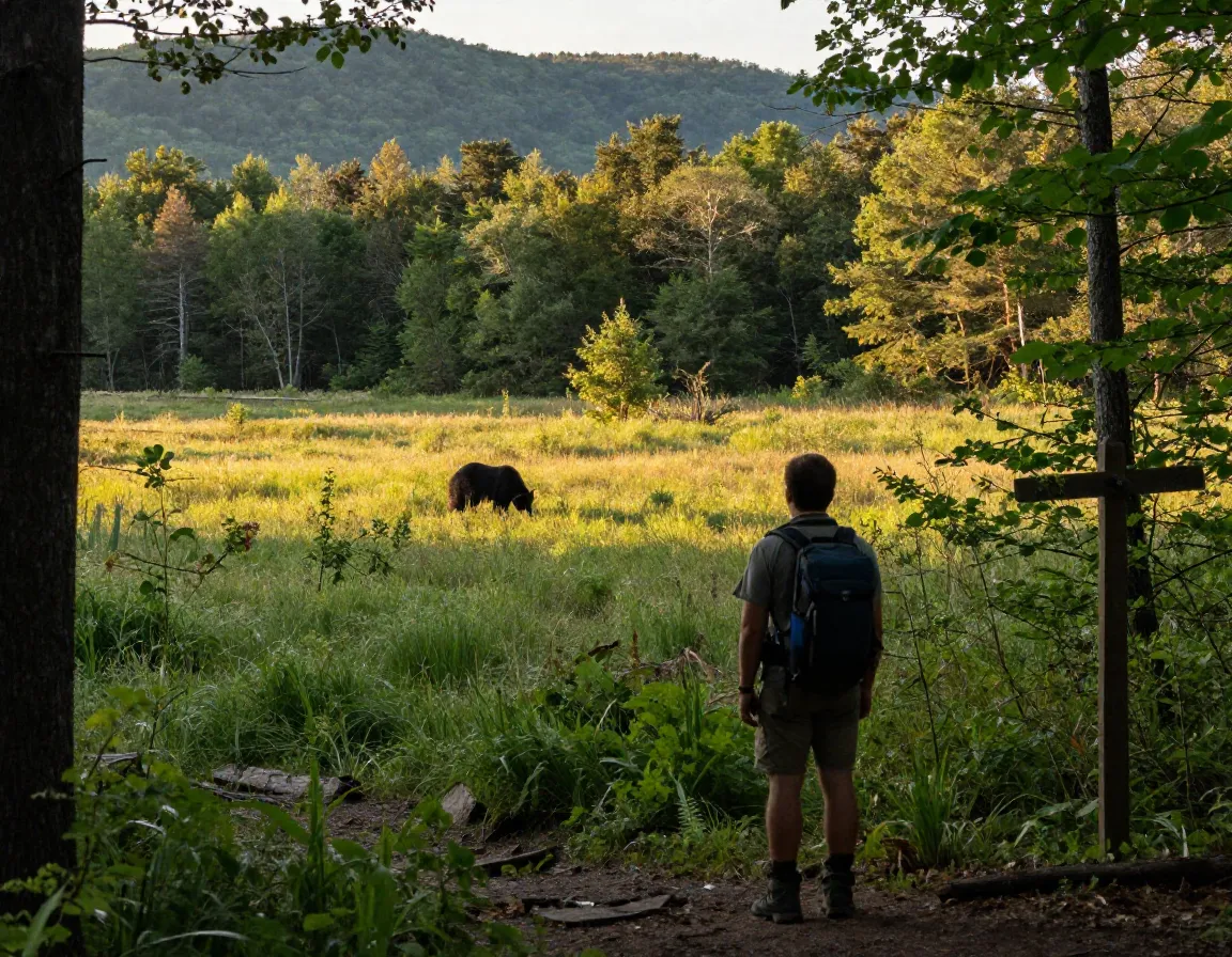 Hiker observing a black bear in a distant western catskills meadow
