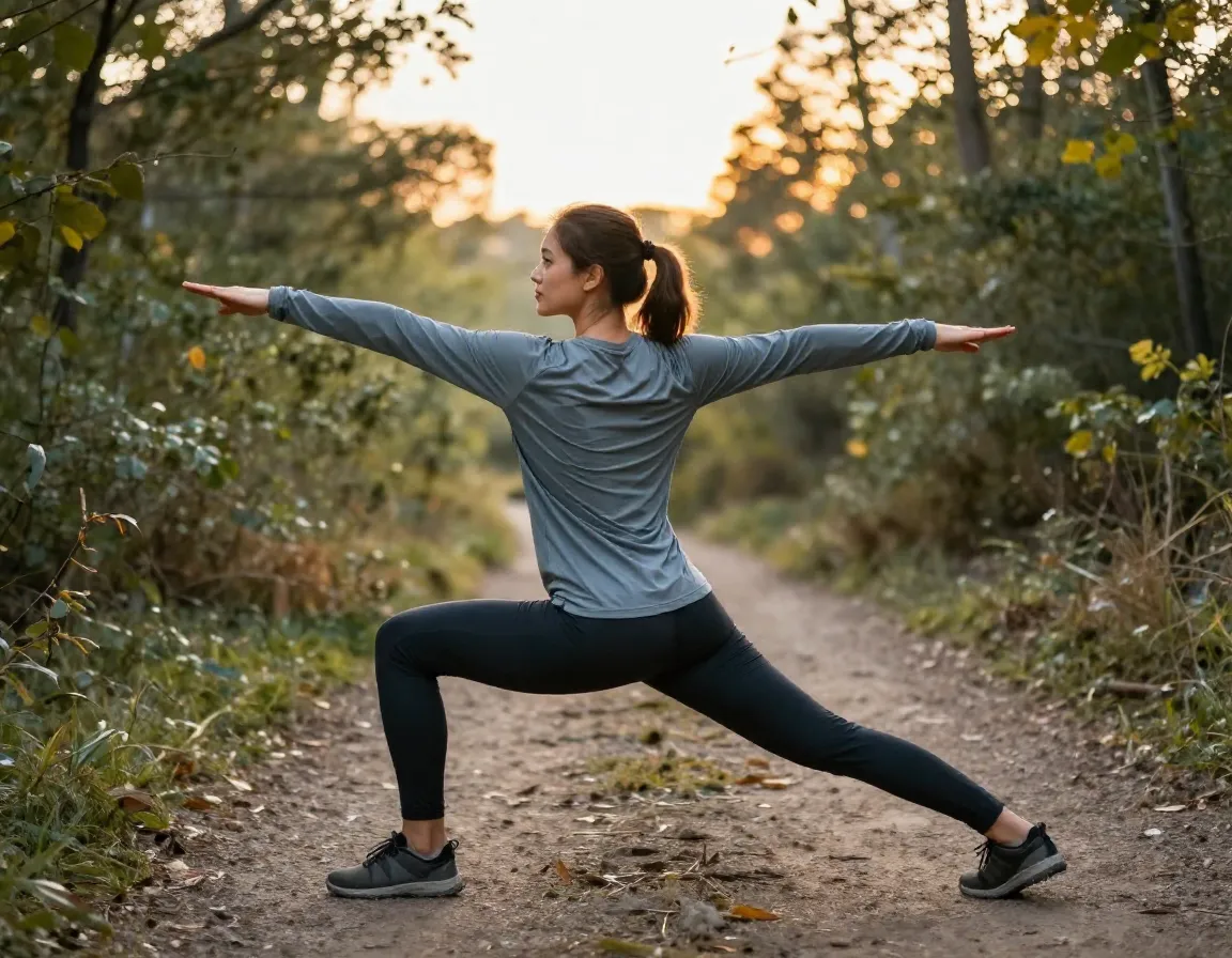 A woman in a yoga pose on a trail wearing a stretchy polyester elastane blend shirt